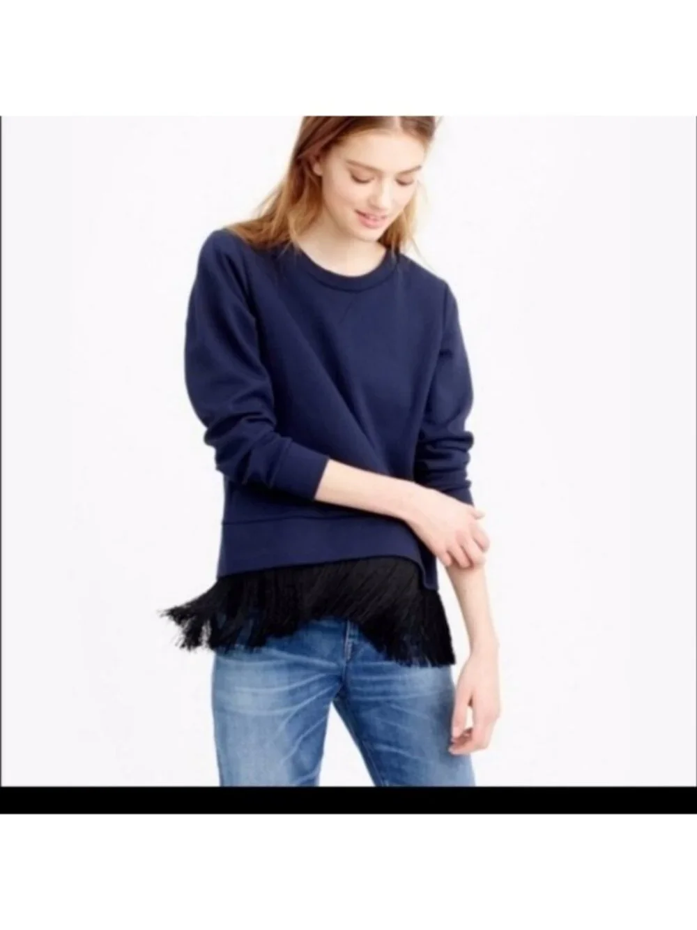 J Crew Navy Sweater with Fringe bottom